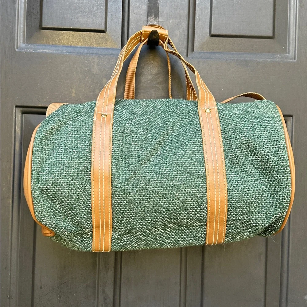 Oscar de La Renta Studio small duffel green tweed with tan straps & luggage tag